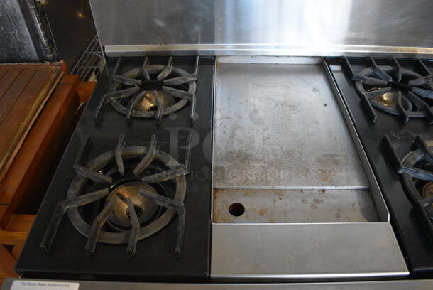 Viking Stainless Steel Commercial Natural Gas Powered 6 Burner Range w/ Center Flat Top Griddle, 2 Ovens and Backsplash. 48x30x50 - Image 3 of 8