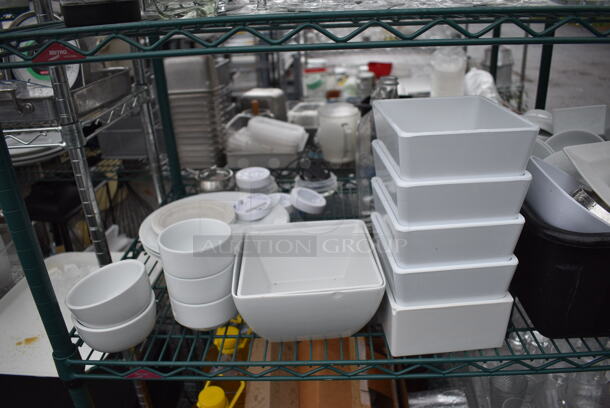 ALL ONE MONEY! Lot of Green Finish 4 Tier Shelving Unit on Commercial Casters w/ All Contents Including Glasses, Poly Bins, Bar Mats. BUYER MUST DISMANTLE. PCI CANNOT DISMANTLE FOR SHIPPING. PLEASE CONSIDER FREIGHT CHARGES. 60x24x80 - Image 7 of 10