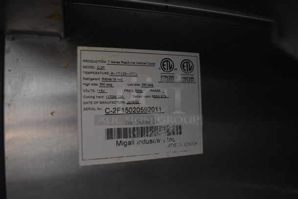 2015 Migali C-2F Stainless Steel Commercial 2 Door Reach In Cooler w/ Poly Coated Racks on Commercial Casters. 115 Volts, 1 Phase. 51x31.5x82.5. Tested and Working! - Image 4 of 7