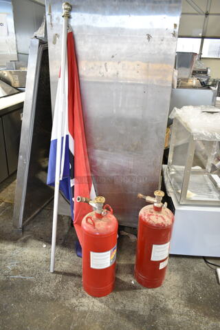 3 Items; 2 Wet Chemical Fire Suppression Tanks and Open Flag. 3 Times Your Bid!