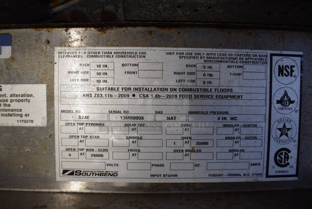 Southbend S24E Stainless Steel Commercial Natural Gas Powered 4 Burner Range w/ Oven and Back Splash on Commercial Casters. 24.5x34x47 - Image 6 of 6
