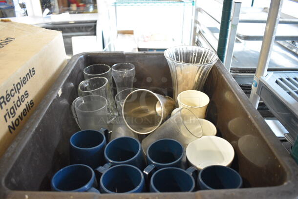 ALL ONE MONEY! Lot of Various Cups Including Glass Mugs and Blue Poly Mugs in Bin