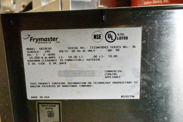 2015 Frymaster SR14ESD Stainless Steel Commercial Floor Style Electric Powered Deep Fat Fryer w 2 Metal Fry Baskets. 240 Volts, 1 Phase.  - Image 5 of 5