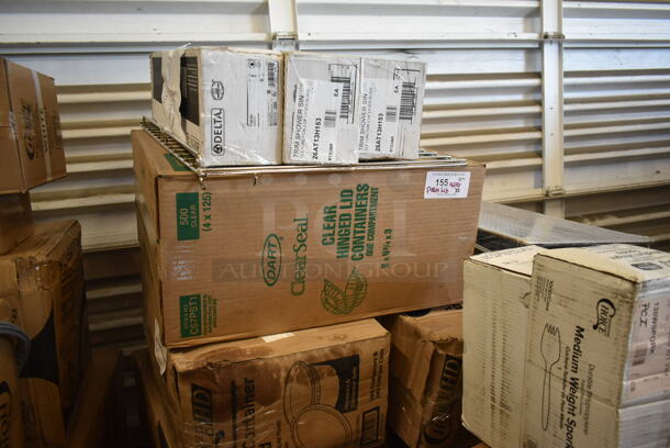 PALLET LOT of 35 BRAND NEW! Boxes Including 3 Box 26AT13H153 Delta Faucet T13H153 Universal Shower Head, Grab Bar, Lever Blade Handle, and Valve, C57PST1 Dart C57PST1 ClearSeal Hinged Lid Plastic Container 6" x 5 13/16" x 3" - 500/Case, 2 Box 129MCR24B Choice 24 oz. Black Round Microwavable Heavy Weight Container with Lid 7 1/4" - 150/Case, American Standard 6500175.002 Monterrey 0.5 GPM Deck-Mount Widespread Lavatory Faucet with 8" Centers, Cast Brass Spout, and Wrist Blade Handles, 80815759R Tablecraft 15759R 9" Red Plastic Diner Platter / Fast Food Basket with Base - 12/Pack, 2 Box 500LFLAT Choice Clear Flat Lid with Straw Slot - 9, 12, 16, 20, and 24 oz. - 1000/Case, 130WSPORK Choice Medium Weight White Plastic Spork - 1000/Case, 53004908, 245SSRSVGD3T Enjay .045-314RTBHGS 3 1/4" Silver and Gold Reversible Round Single Serve Dessert Board with Tab - 500/Case. 35 Times Your Bid! - Image 2 of 10