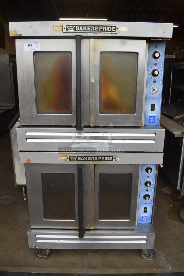 2 Bakers Pride Commercial Stainless Steel Natural Gas Powered Double Stack 2 Glass Door Convection Ovens With Steel Racks on Commercial Casters. 2 Times You Bid!