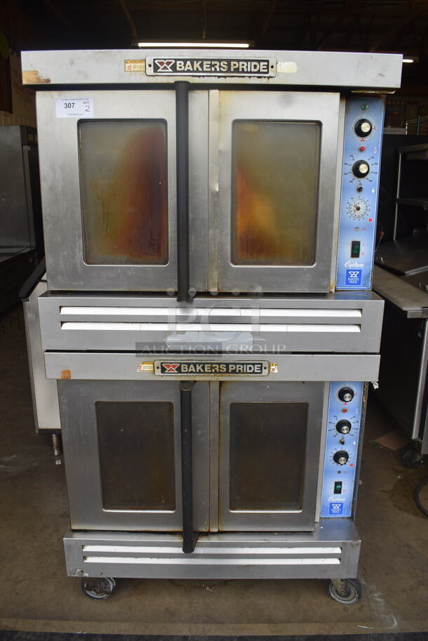 2 Bakers Pride Commercial Stainless Steel Natural Gas Powered Double Stack 2 Glass Door Convection Ovens With Steel Racks on Commercial Casters. 2 Times You Bid! - Image 1 of 10