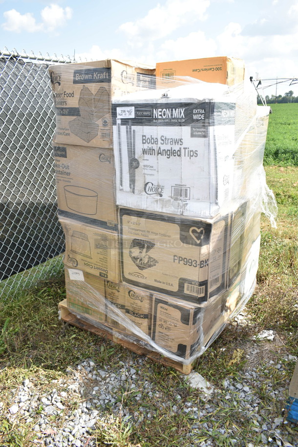PALLET LOT of 28 BRAND NEW Boxes Including 795PTOKFT1 Choice Kraft Microwavable Folded Paper #1 Take-Out Container 4 3/8" x 3 1/2" x 2 1/2" - 450/Case, 795KFT44RNPE Choice 44 oz. Round Kraft PE-Lined Microwavable Take-Out Container 7 5/16" x 2 5/8" - 300/Case, 433783 Containers, 2 Box 129MCR16B Choice 16 oz. Black 6 1/4" Round Microwavable Heavy Weight Container with Lid - 150/Case, 485WB9NEONW Choice 9" Neon Extra Wide Pointed Wrapped Boba Straw - 1600/Case, 129MF963W1C Ecopax 9" x 6" 1-Compartment Microwaveable White Mineral-Filled Plastic Hinged Take-Out Container - 150/Case, 50010DWPLAKR EcoChoice 10 oz. Smooth Double Wall Kraft Compostable Paper Hot Cup - 500/Case, 433CARTRAY2L EcoChoice Molded Fiber / Pulp 8-44 oz. 2-Cup Carrier with Large Tray - 100/Case, 795KFT44RNPE Choice 44 oz. Round Kraft PE-Lined Microwavable Take-Out Container 7 5/16" x 2 5/8" - 300/Case, 966UPWIDEKFT-500 OneUp by Choice Kraft 2-Ply Wide Interfold 6 1/2" x 8 1/2" Dispenser Napkin - 6000/Case, 2 Box 130BSPORKWP Choice Individually Wrapped Medium Weight Black Plastic Spork - 1000/Case, 2 Box 966TALLFLDB Choice White Tall-Fold 6" x 13" Dispenser Napkin - 8000/Case, 500TO993 Choice 9" x 9" x 3" Microwavable 1-Compartment Black / Clear Plastic Hinged Container - 100/Case. 28 Times Your Bid!  - Image 1 of 12