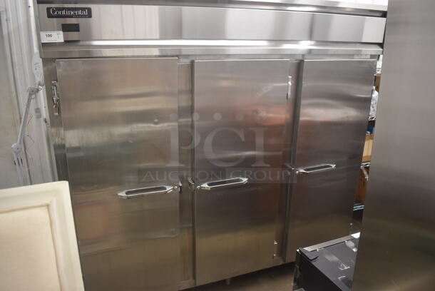 Continental DL3RE-SS Commercial Stainless Steel Three-Door Reach-In Cooler With Pan Racks And Polycoated Shelves. 115V, 1 Phase. Tested and Working!