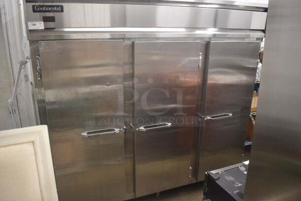 Continental DL3RE-SS Commercial Stainless Steel Three-Door Reach-In Cooler With Pan Racks And Polycoated Shelves. 115V, 1 Phase. Tested and Working! - Image 1 of 7