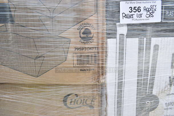 PALLET LOT of 28 BRAND NEW Boxes Including 795PTOKFT1 Choice Kraft Microwavable Folded Paper #1 Take-Out Container 4 3/8" x 3 1/2" x 2 1/2" - 450/Case, 795KFT44RNPE Choice 44 oz. Round Kraft PE-Lined Microwavable Take-Out Container 7 5/16" x 2 5/8" - 300/Case, 433783 Containers, 2 Box 129MCR16B Choice 16 oz. Black 6 1/4" Round Microwavable Heavy Weight Container with Lid - 150/Case, 485WB9NEONW Choice 9" Neon Extra Wide Pointed Wrapped Boba Straw - 1600/Case, 129MF963W1C Ecopax 9" x 6" 1-Compartment Microwaveable White Mineral-Filled Plastic Hinged Take-Out Container - 150/Case, 50010DWPLAKR EcoChoice 10 oz. Smooth Double Wall Kraft Compostable Paper Hot Cup - 500/Case, 433CARTRAY2L EcoChoice Molded Fiber / Pulp 8-44 oz. 2-Cup Carrier with Large Tray - 100/Case, 795KFT44RNPE Choice 44 oz. Round Kraft PE-Lined Microwavable Take-Out Container 7 5/16" x 2 5/8" - 300/Case, 966UPWIDEKFT-500 OneUp by Choice Kraft 2-Ply Wide Interfold 6 1/2" x 8 1/2" Dispenser Napkin - 6000/Case, 2 Box 130BSPORKWP Choice Individually Wrapped Medium Weight Black Plastic Spork - 1000/Case, 2 Box 966TALLFLDB Choice White Tall-Fold 6" x 13" Dispenser Napkin - 8000/Case, 500TO993 Choice 9" x 9" x 3" Microwavable 1-Compartment Black / Clear Plastic Hinged Container - 100/Case. 28 Times Your Bid!  - Image 2 of 12