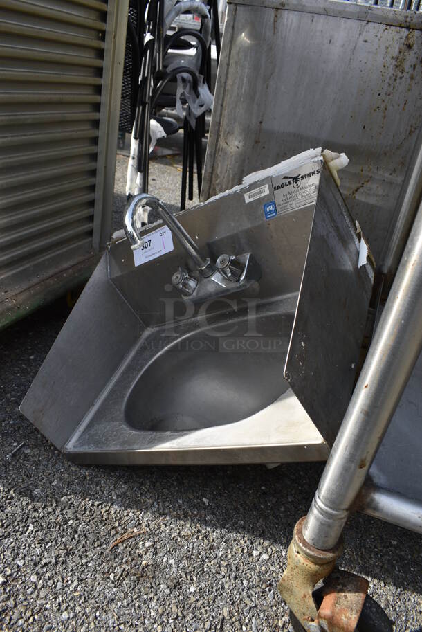 Eagle Stainless Steel Commercial Single Bay Wall Mount Sink w/ Faucet, Handles and Side Splash Guards. 19x15x20 - Image 4 of 4