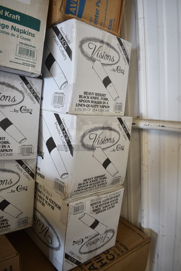 PALLET LOT of 42 BRAND NEW Boxes Including 7 Box 130ROLLKFSBK Visions 17" x 17" White Pre-Rolled Linen-Feel Napkin and Black Heavy Weight Plastic Cutlery Set - 100/Case, 129MCR24B Choice 24 oz. Black Round Microwavable Heavy Weight Container with Lid 7 1/4" - 150/Case, Choice 16 oz Deli Containers, 130SERVSPBK Visions 10" Black Disposable Plastic Serving Spoon - 72/Case, 760SOUP16KFT EcoChoice 16 oz. Kraft Paper Food Cup with Vented Lid - 250/Case, 433CARTRAY1 EcoChoice Pulp Fiber 1 Cup Carrier with Tray - 200/Case, 5002BNAPNAT EcoChoice 2-Ply Natural Kraft Beverage / Cocktail Napkin - 3000/Case, 5002CPTEC Lavex 2-Ply White Center Pull Economy Paper Towel Roll, 500 Sheets / Roll - 6/Case, 20500-3L Genpak 20500-BLK 9 3/16" x 6 1/2" x 2 7/8" Black Large Deep All Purpose Foam Hinged Lid Container - 200/Case, 128HD12COMBO ChoiceHD 12 oz. Microwavable Translucent Plastic Deli Container and Lid Combo Pack - 240/Case, 427BMFAR75SL Umbrella. 42 Times Your Bid! - Image 12 of 12
