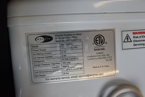 BRAND NEW SCRATCH AND DENT! Whynter IMC-330WS Portable Ice Maker 33 lb Capacity – White. 115 Volts, 1 Phase. Tested and Working! - Image 6 of 6
