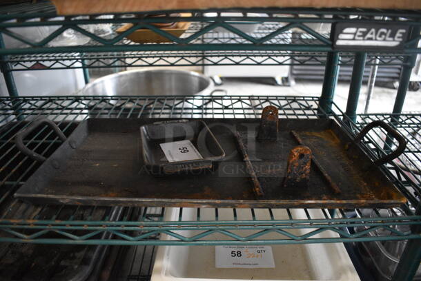 ALL ONE MONEY! Lot of 3 Cast Iron Items Including Bacon Press and Pans. Includes 21.5x10.5x3 - Image 1 of 3