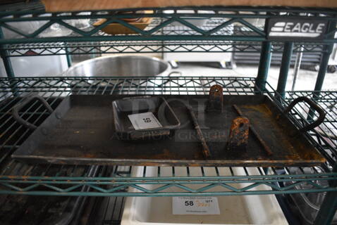 ALL ONE MONEY! Lot of 3 Cast Iron Items Including Bacon Press and Pans. Includes 21.5x10.5x3