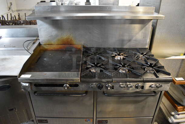 Southbend Select Stainless Steel Commercial Natural Gas Powered 6 Burner Range w/ Flat Top Griddle, Convection Oven, Oven, Over Shelf and Back Splash on Commercial Casters. 61x34x61