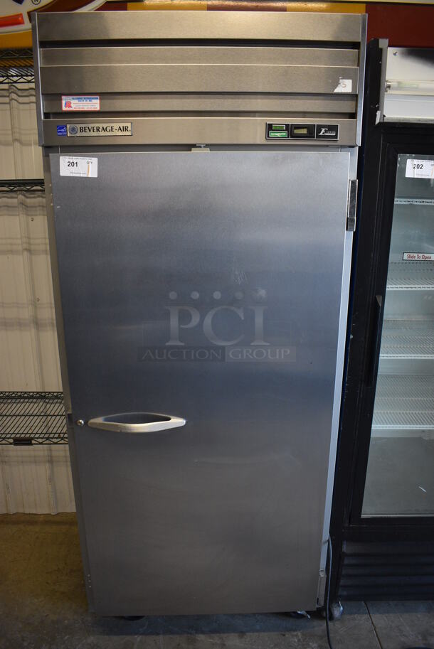 Beverage Air Model ER34-1 E Series ENERGY STAR Stainless Steel Commercial Wide Single Door Reach In Cooler w/ Poly Coated Racks on Commercial Casters. 115 Volts, 1 Phase. 35x34x84.5. Tested and Powers On But Does Not Get Cold