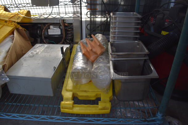 ALL ONE MONEY! Tier Lot of Various Items Including Wet Floor Sign, Stainless Steel Drop In Bins and Power Box - Image 2 of 4