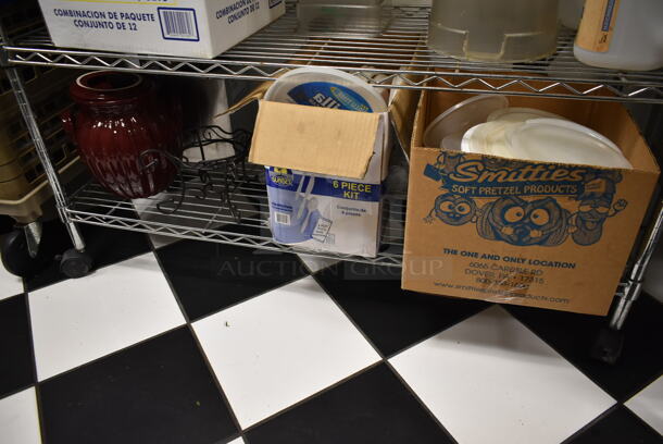 Metro Chrome Finish 5 Tier Wire Shelving Unit w/ Contents Including Poly Bins. BUYER MUST REMOVE: BUYER MUST DISMANTLE. PCI CANNOT DISMANTLE FOR SHIPPING. PLEASE CONSIDER FREIGHT CHARGES. (ice room) - Image 2 of 6