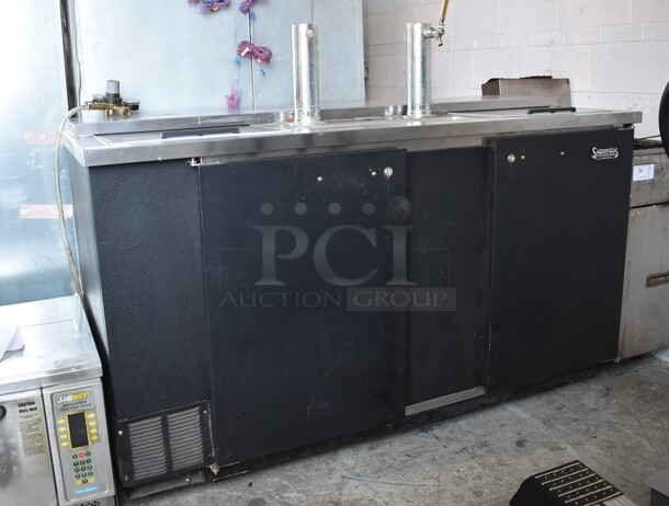 Beverage Air DD68C Stainless Steel Commercial Direct Draw Kegerator w/ 2 Beer Towers, 2 Sliding Lids and 2 Doors on Commercial Casters. 115 Volts, 1 Phase. Tested and Powers On But Does Not Get Cold