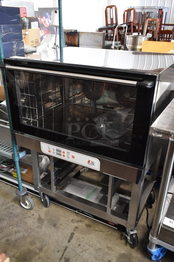 BRAND NEW SCRATCH AND DENT! Cooking Performance Group CPG B04DU.3-001 Stainless Steel Commercial Electric Powered Convection Oven w/ Pan Rack on Commercial Casters. 208-240 Volts, 1 Phase.