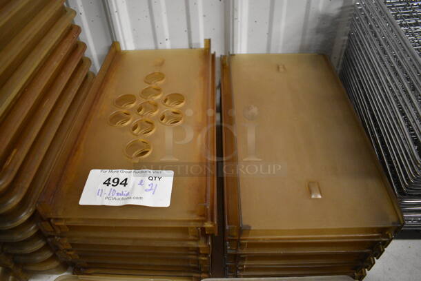 ALL ONE MONEY! Lot of 21 Amber Colored Poly Drop In Bin Inserts; 11 Perforated. 7x14.5x1