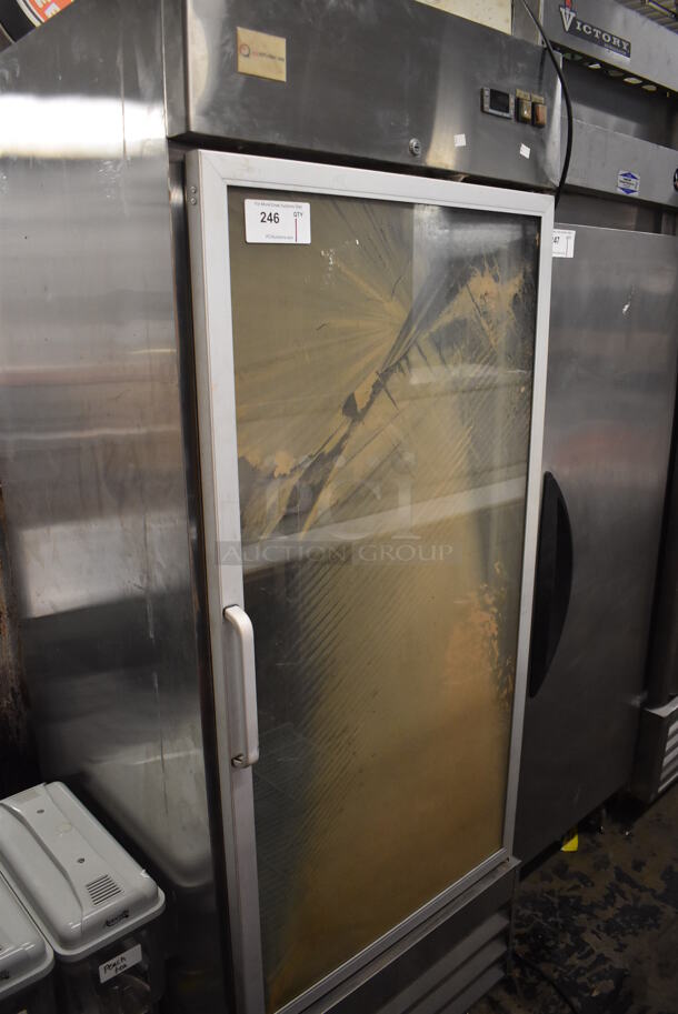 EQ Kitchen Line CFD-1RR-G-HC Stainless Steel Commercial Single Door Reach In Cooler Merchandiser. 115 Volts, 1 Phase. 29x32x78. Tested and Working!
