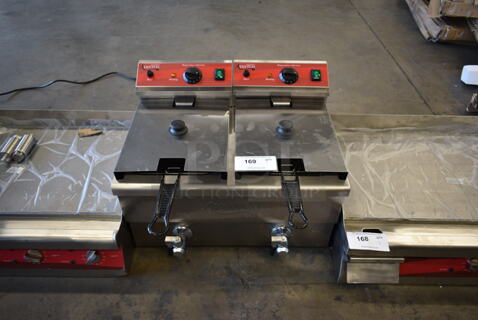 BRAND NEW SCRATCH AND DENT! Avantco 177F202 Stainless Steel Commercial Countertop Electric Powered 2 Bay Deep Fat Fryer w/ 2 Lids and 2 Fry Baskets. 208/240 Volts, 1 Phase.