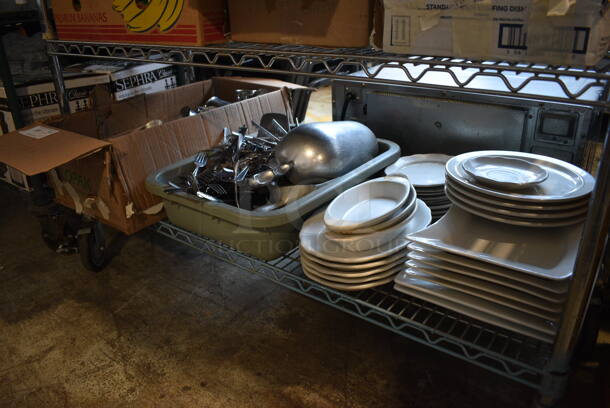 ALL ONE MONEY! Tier Lot of Various Items; White Ceramic Plates, Utensils, Silverware and Metal Gravy Boats