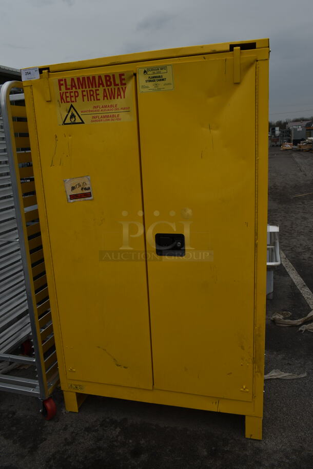 BRAND NEW SCRATCH AND DENT! Eagle Manufacturing Tower YPI47XLEGS Yellow Paint Safety Cabinet with 2 Manual-Closing Doors, 5 Shelves, and 60 Gallon Capacity