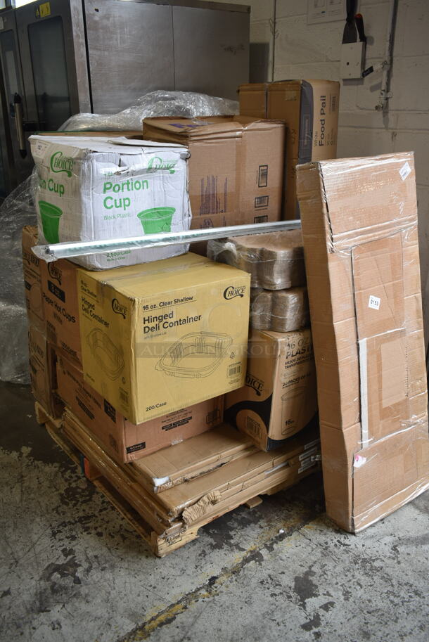 PALLET LOT of 21 BRAND NEW Boxes Including 395TO991 EcoChoice 9" x 9" x 3" Compostable Sugarcane / Bagasse 1 Compartment Take-Out Box - 200/Case, 2 Box 128HDLDBULK ChoiceHD Microwavable Translucent Plastic Deli Container Lid - 480/Case, 5008W Choice 8 oz. Tall White Poly Paper Hot Cup - 1000/Case, Choice 4 oz Portion Cups, Choice 16 oz Clear Shallow Hinged Deli Container, 5002CPTENAT Lavex 2-Ply Natural Kraft Center Pull Paper Towel 510' Roll - 6/Case, 245CB10PLN Choice 10" x 10" x 2" Kraft Customizable Corrugated Plain Pizza Box - 50/Case, 79516ESWHT Emperor's Select 16 oz. White Microwavable Paper Take-Out Container - 450/Case, 5 Box 600PSWT3048F Regency 30" x 48" Poly Table Top for 30" x 48" Poly Top Table without Backsplash. 21 Times Your Bid! - Image 2 of 8