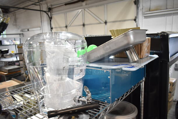 ALL ONE MONEY! Lot of Various Items including Meat Grinder Tray, Poly Beverage Dispenser, Cooking Performance Group 35121001Q003 Adjustable Foot for Electric Griddles, San Jamar CBG182412BL Saf-T-Grip® 24" x 18" x 1/2" Blue Cutting Board with Hook, Avantco Drawer.  - Image 1 of 8