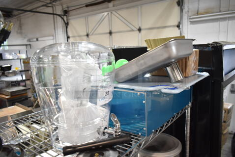 ALL ONE MONEY! Lot of Various Items including Meat Grinder Tray, Poly Beverage Dispenser, Cooking Performance Group 35121001Q003 Adjustable Foot for Electric Griddles, San Jamar CBG182412BL Saf-T-Grip® 24" x 18" x 1/2" Blue Cutting Board with Hook, Avantco Drawer. 