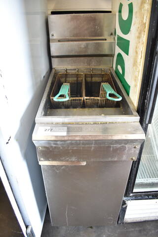 Stainless Steel Commercial Floor Style Natural Gas Powered Deep Fat Fryer w/ 2 Metal Fry Baskets. 