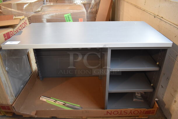 BRAND NEW! Royston Gray Metal Desk / Table w/ Wood Pattern Counter and 3 Under Shelves. 48x24x27