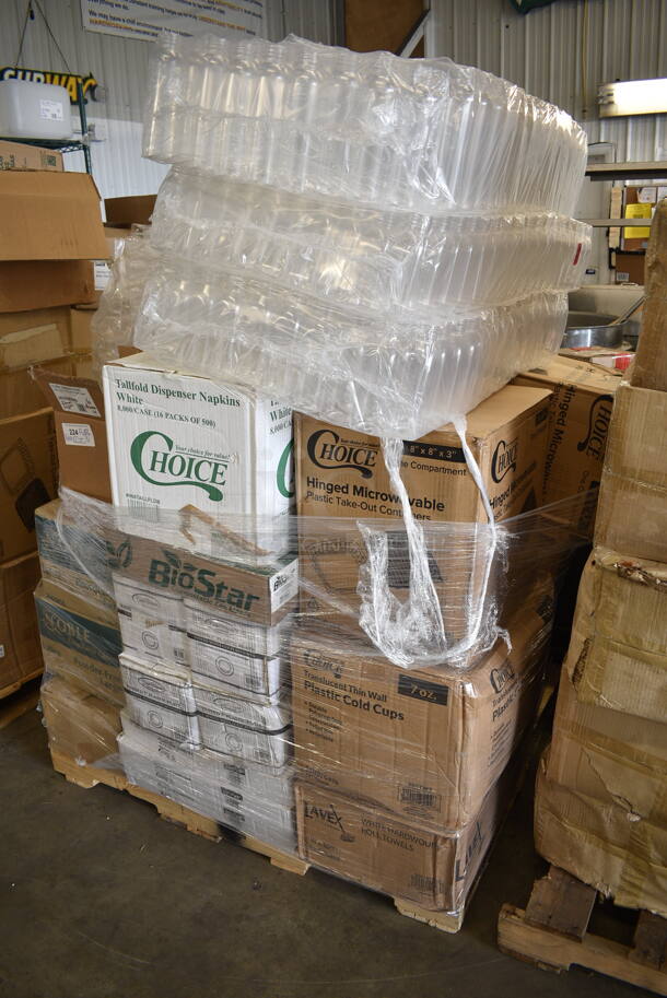 PALLET LOT of 31 BRAND NEW Boxes Including 267810005G Acopa Phoenix Gold 8 1/4" 18/0 Stainless Steel Forged Dinner Fork - 12/Case, 500TO883 Choice 8" x 8" x 3" Microwaveable 1-Compartment Black / Clear Plastic Hinged Container - 100/Case, 500TW7 Choice Translucent Thin Wall Plastic Cold Cup, 5001RT800B Lavex 8" White Hardwound Paper Towel, 800 Feet / Roll - 6/Case, 500JBR16 16 oz. Round PET Clear Juice Bottle - 186/Bag, 2 Box 129MCR16B Choice 16 oz. Black 6 1/4" Round Microwavable Heavy Weight Container with Lid - 150/Case, 50010DWALLC Choice 10 oz. Coffee Break Print Smooth Double Wall Paper Hot Cup - 500/Case, Noble Large Gloves, 500TO993 Choice 9" x 9" x 3" Microwavable 1-Compartment Black / Clear Plastic Hinged Container - 100/Case. 31 Times Your Bid! - Image 1 of 12