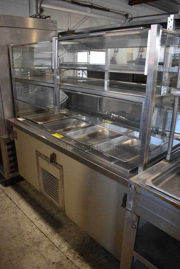 Stainless Steel Commercial 4 Well Steam Table w/ 2 Over Shelves and Glass Sneeze Guard on Commercial Casters. 115 Volts, 1 Phase. 67x31x64