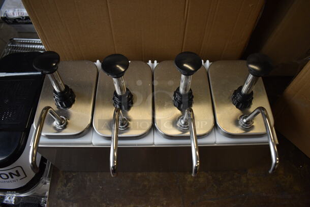 BRAND NEW! Servsense Stainless Steel Countertop Condiment Rail w/ 4 White Poly Drop Ins and 4 Pump Lids. 18.5x12x13 - Image 3 of 4