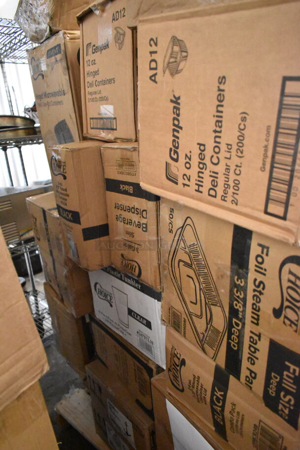 PALLET LOT of 35 BRAND NEW Boxes Including 130WSPOONWP Choice Individually Wrapped Medium Weight White Plastic Teaspoon - 1000/Case, 966TALLFLDN Choice Kraft Natural Tall-Fold 6" x 13" Dispenser Napkin - 8000/Case, World 506791, 500TW12 Choice 12 oz. Translucent Thin Wall Plastic Cold Cup - 1000/Case, 500TO993 Choice 9" x 9" x 3" Microwavable 1-Compartment Black / Clear Plastic Hinged Container - 100/Case, Genpak 12 oz Hinged Deli Containers, 176BD3BK2 Choice 3 Gallon Black Slim Beverage / Juice Dispenser, 347TCL10 Choice 10 oz. Clear Disposable Plastic Tumbler - 500/Case, Two 6126050 Choice Full Size Foil Steam Table Pan Deep 3 3/8" Depth - Full Size Deep - 50/Case. 35 Times Your Bid! - Image 8 of 8