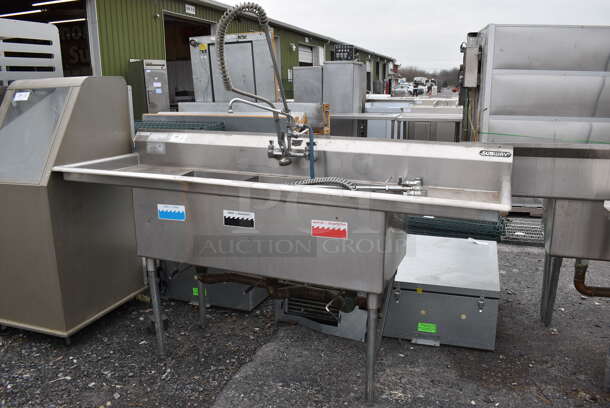 Stainless Steel Commercial 3 Bay Sink w/ 2 Faucets, 2 Handle Set Ups and 2 Spray Nozzle Attachments. 84x27x44. Bays 16x21x14. Drain Boards 16x23x1 - Image 3 of 7