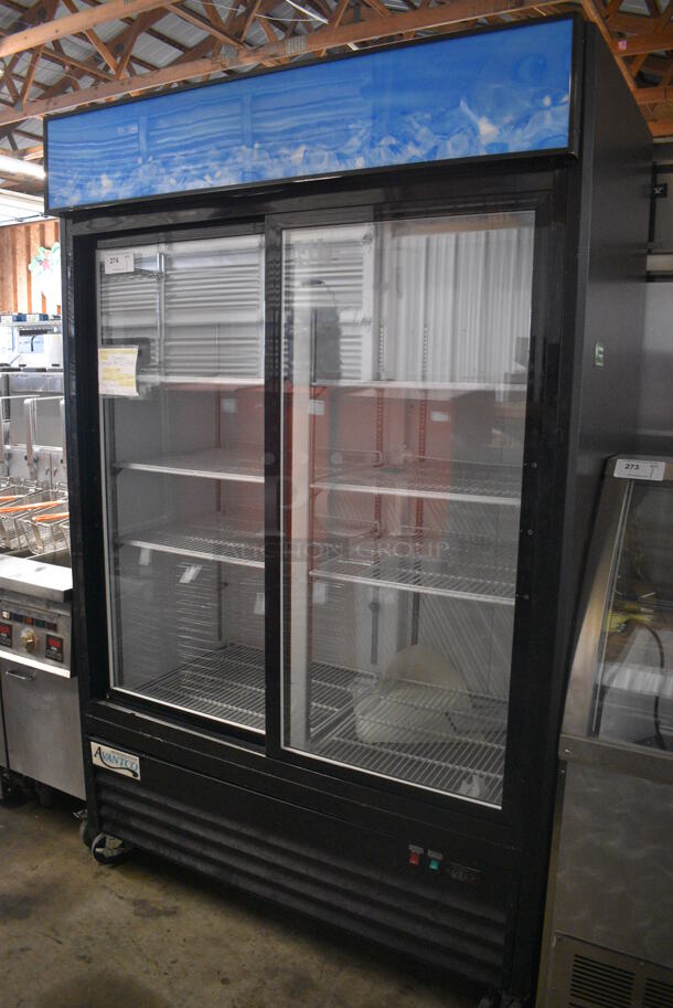 Avantco Model 178GDS47HCB Metal Commercial 2 Door Reach In Cooler Merchandiser w/ Poly Coated Racks on Commercial Casters. 115 Volts, 1 Phase. 53x30.5x84. Tested and Powers On But Does Not Get Cold
