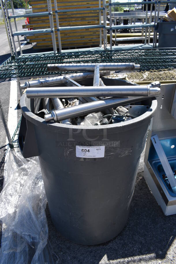 ALL ONE MONEY! Lot of Various Items Including Commercial Casters and Legs in Gray Poly Trash Can. 26x24x32 - Image 1 of 6