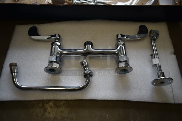 BRAND NEW SCRATCH AND DENT! T&S MPY-8DWN-08-CR EasyInstall Deck Mounted 24 3/4" High Mini Pre-Rinse Faucet with Adjustable 8" Centers, Low Flow Spray Valve, 4" Wrist Action Handles, 24" Hose, 8" Add-On Faucet, and 6" Wall Bracket - Image 3 of 6