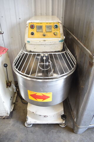 Metal Commercial Floor Style Spiral Mixer w/ Stainless Steel Mixing Bowl, Bowl Guard and Dough Hook Attachment. 208-240 Volts, 3 Phase. 