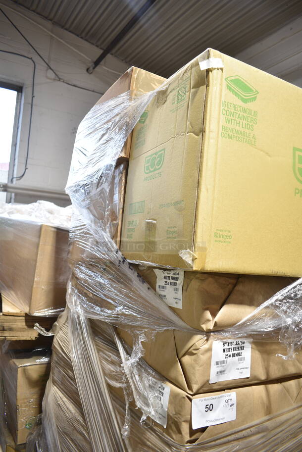 PALLET LOT of 39 BRAND NEW Boxes Including Eco Products EP-RC16 16 oz. PLA Plastic Compostable Rectangular Deli Container and Lid - 300/Case, 8x13 White Freezer #25 Bundle. 39 Times Your Bid!  - Image 5 of 5
