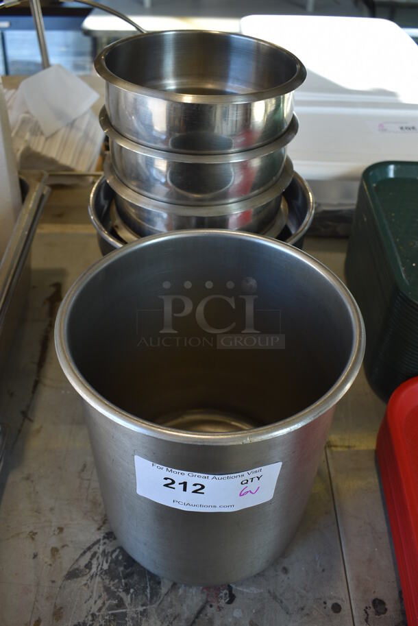 6 Various Stainless Steel Cylindrical Drop In Bins. Includes 8.5x8.5x10, 7.5x7.5x8.5. 6 Times Your Bid!