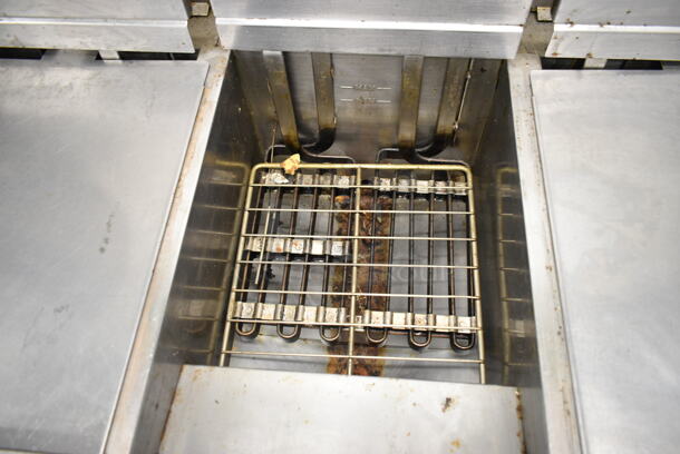 Vulcan 3ER50DF Stainless Steel Commercial Floor Style Electric Powered 3 Bay Deep Fat Fryer on Commercial Casters. 480 Volts, 3 Phase.  - Image 4 of 11