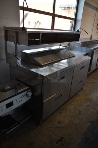 Delfield Stainless Steel Commercial Sandwich Salad Prep Table Bain Marie Mega Top w/ 4 Drawers and Over Shelf. 115 Volts, 1 Phase. Tested and Working!