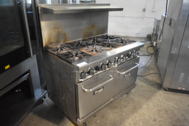 Migali Stainless Steel Commercial Natural Gas Powered 8 Burner Range w/ 2 Ovens, Over Shelf and Back Splash on Commercial Casters.  - Image 2 of 7