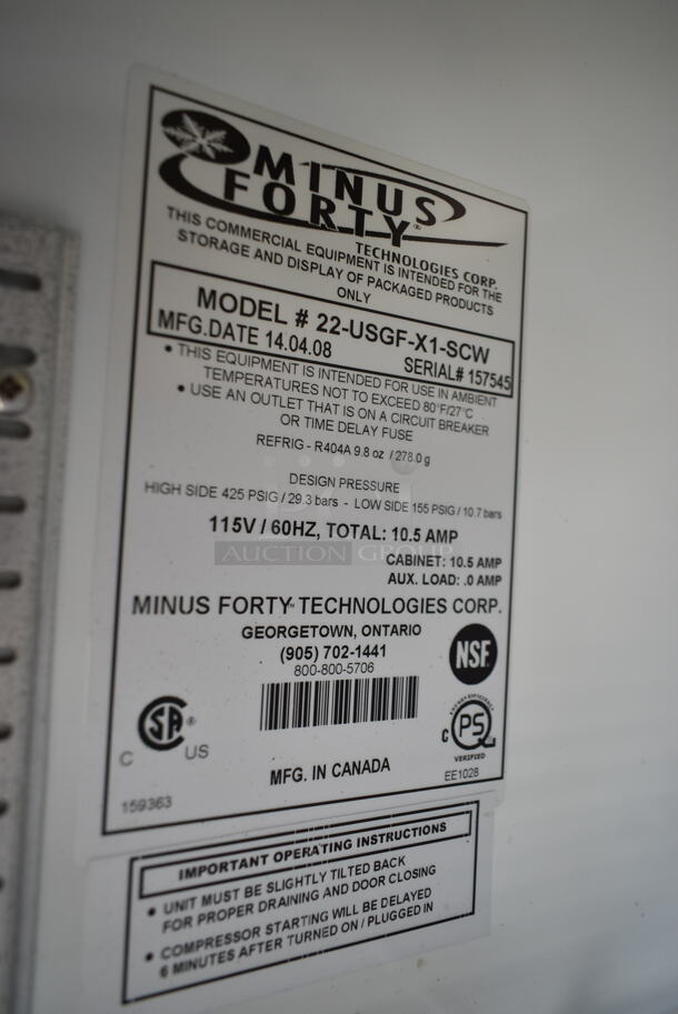 Minus Forty 22-USGF-X1-SCW Metal Commercial Single Door Reach In Freezer Merchandiser w/ Poly Coated Racks. 115 Volts, 1 Phase. Tested and Powers On But Does Not Get Cold - Image 3 of 3